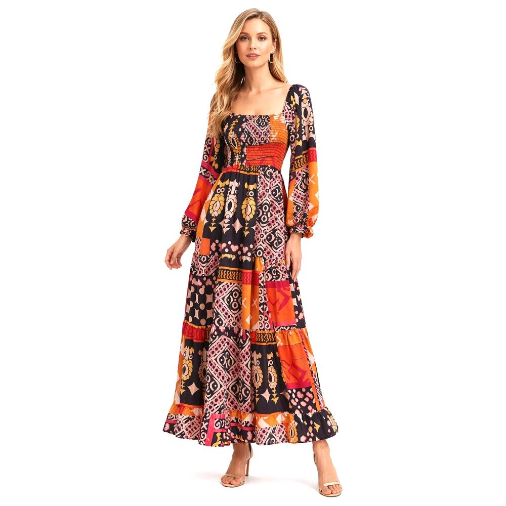 Sunday Up Patchwork Boho Maxi Dress Smocked Square Neck Sz S EUC
